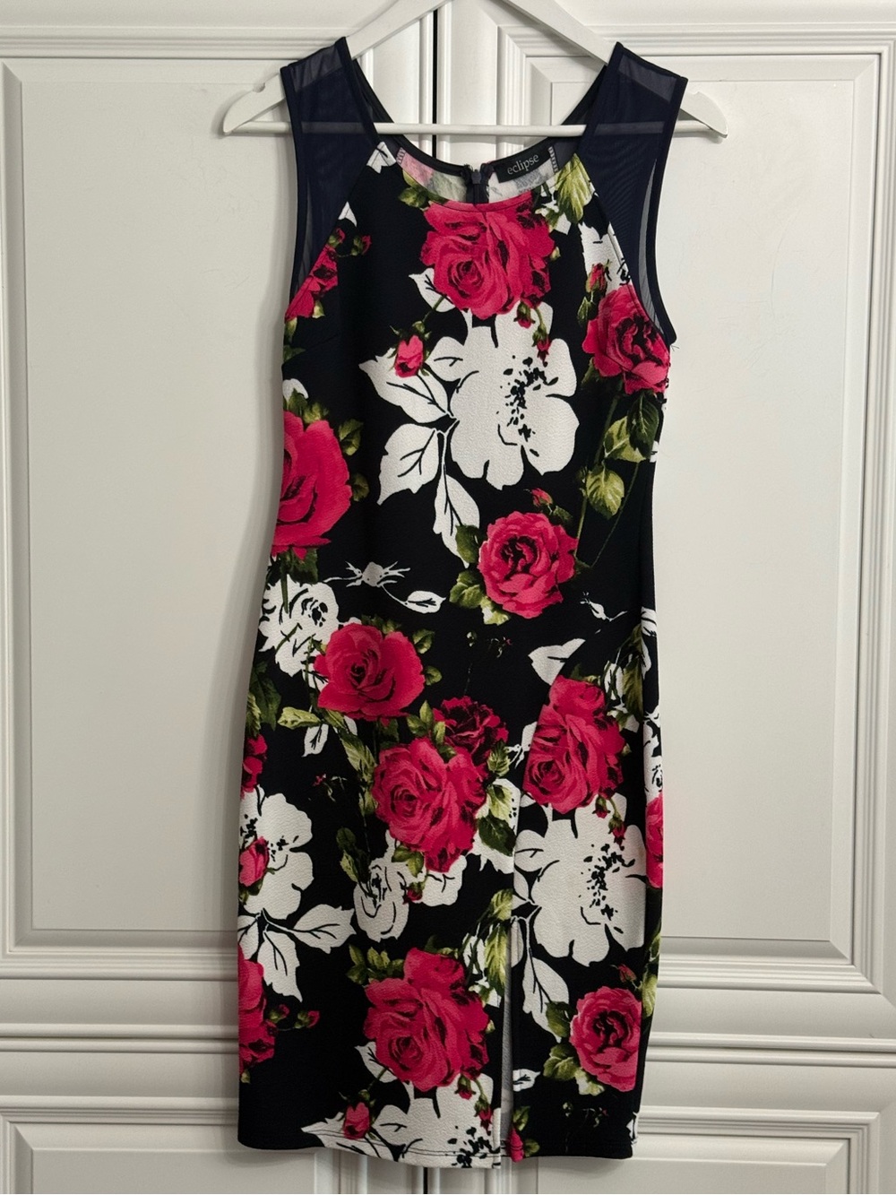Eclipse Size M Black w/Pink + White Floral Print Midi Dress Sleeveless Mesh
